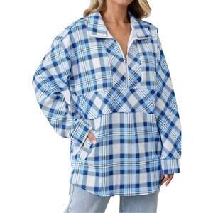 Oversized Plaid Shirts Women Collared Half Zip Pullover Casual Blouse Large AA2